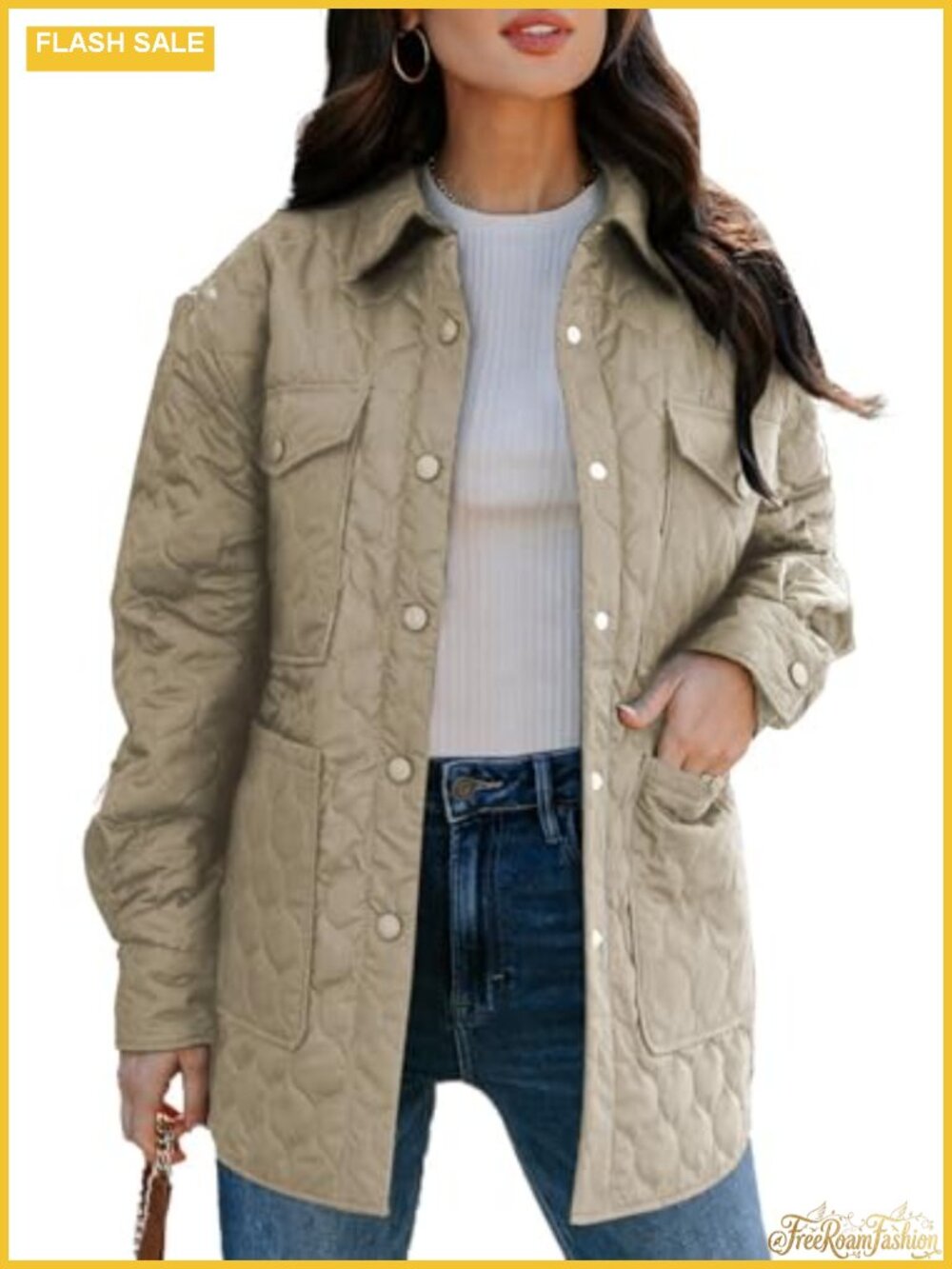Womens Lightweight Diamond Quilted Puffer Jacket Button Down Collar Loose Fit